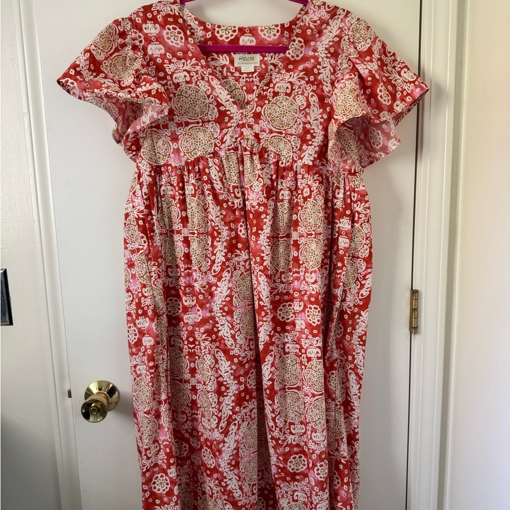 Maeve Coral and Beige Patterned Midi Dress - Picture 4 of 10